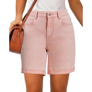 imageluvamia Jean Shorts for Women High Waisted Trendy Causal Summer Fold Hem Stretchy Long Denim Shorts 7 Inch InseamCandy Pink