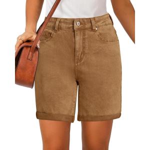 imageluvamia Jean Shorts for Women High Waisted Trendy Causal Summer Fold Hem Stretchy Long Denim Shorts 7 Inch InseamToffee Brown