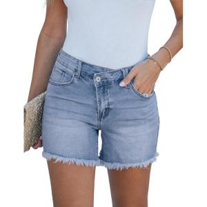imageluvamia Jean Shorts for Women Low Waisted Trendy Stretchy Crossover Waist Denim Shorts Raw Hem Casual Summer PocketsBay Blue
