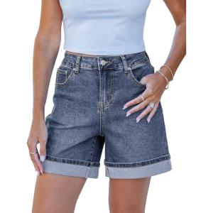 imageluvamia Jean Shorts for Women Trendy High Waisted Mid Thigh Fold Hem Cutoff Casual Summer Stretchy Denim Shorts JortsReef Blue