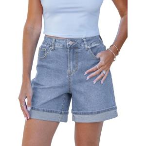 imageluvamia Jean Shorts for Women Trendy High Waisted Mid Thigh Fold Hem Cutoff Casual Summer Stretchy Denim Shorts JortsRoadknight Blue