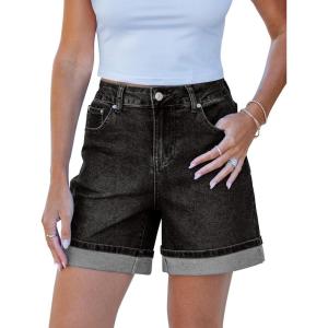 imageluvamia Jean Shorts for Women Trendy High Waisted Mid Thigh Fold Hem Cutoff Casual Summer Stretchy Denim Shorts JortsWashed Black