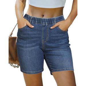 imageluvamia Jean Shorts for Women Trendy Pull On Mid Rise Elastic Waist Summer Casual Stretchy Long Denim Walking ShortsIndigo Classic Blue