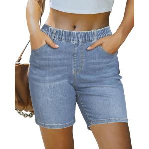 imageluvamia Jean Shorts for Women Trendy Pull On Mid Rise Elastic Waist Summer Casual Stretchy Long Denim Walking ShortsIndigo Cool Blue