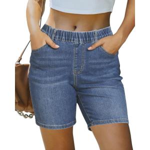 imageluvamia Jean Shorts for Women Trendy Pull On Mid Rise Elastic Waist Summer Casual Stretchy Long Denim Walking ShortsIndigo Medium Blue