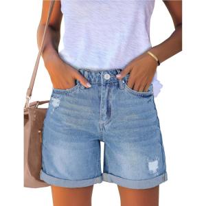 imageluvamia Womens Casual Ripped Denim Shorts High Rise Distressed Rolled Hem Jeans ShortsCool Blue