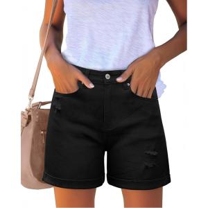 imageluvamia Womens Casual Ripped Denim Shorts High Rise Distressed Rolled Hem Jeans ShortsTrue Black