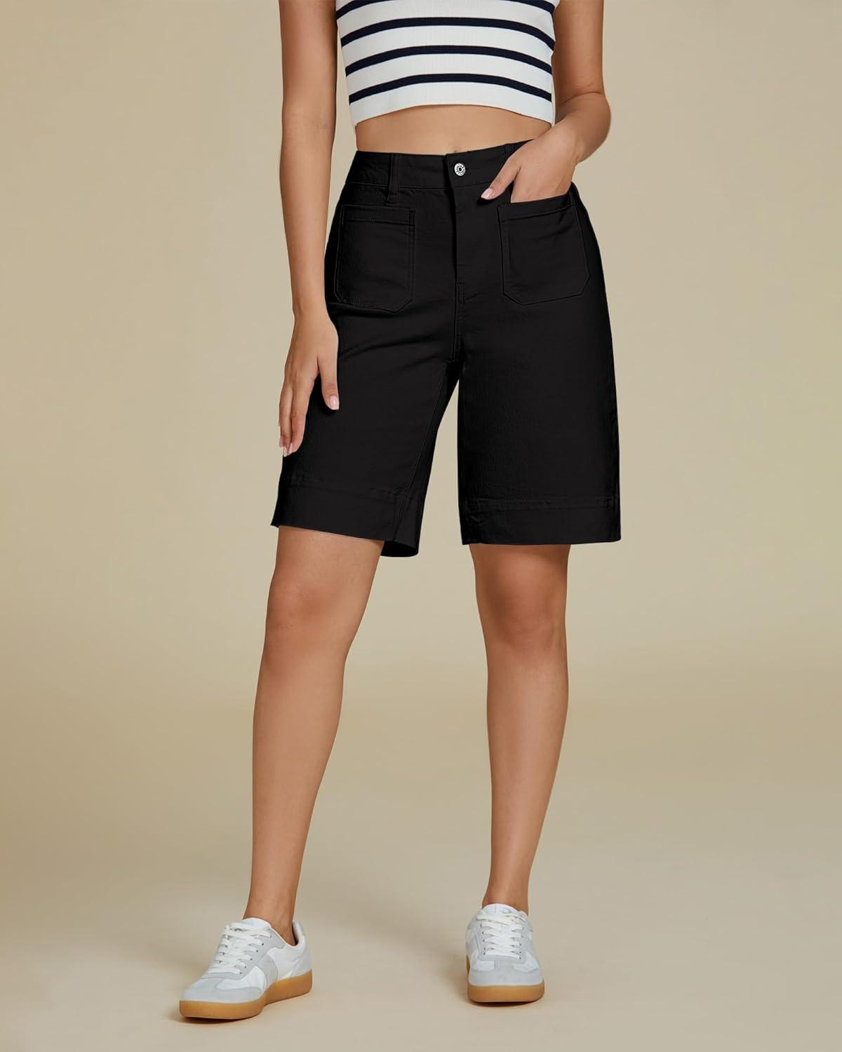 imageluvamia Bermuda Shorts for Women High Waisted Trendy Patch Pocket Casual Vintage Long Stretchy Denim Shorts Summer JortsBlack