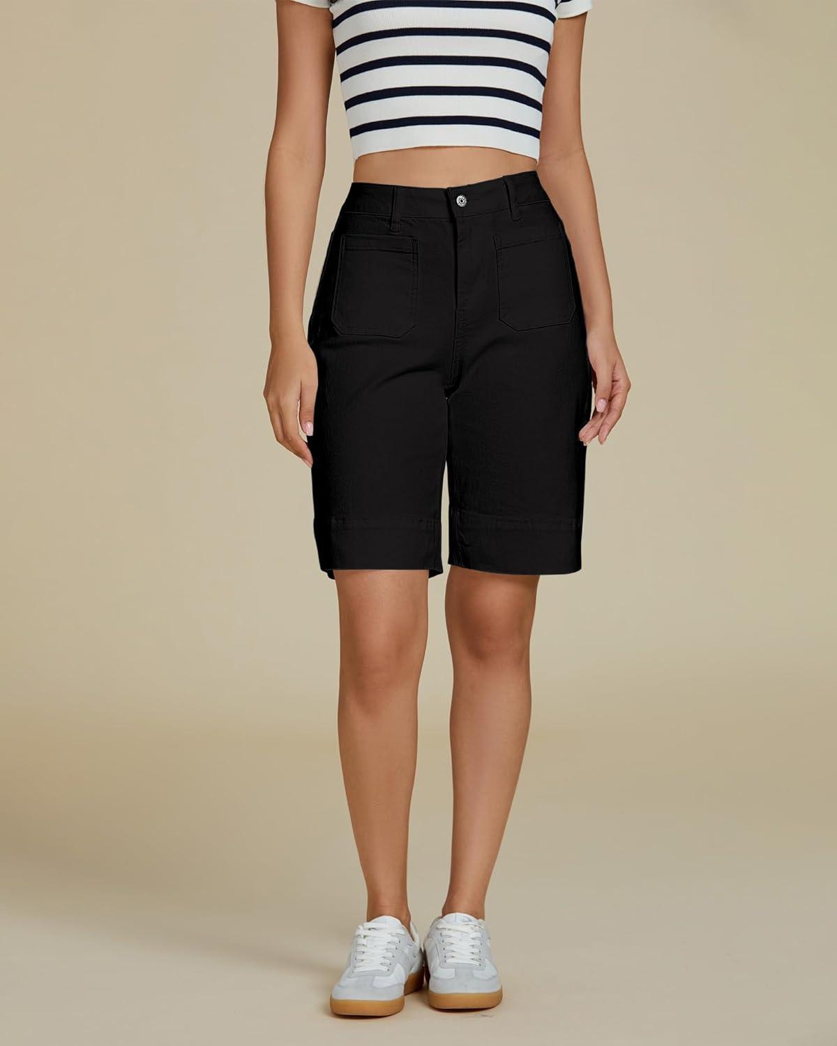 imageluvamia Bermuda Shorts for Women High Waisted Trendy Patch Pocket Casual Vintage Long Stretchy Denim Shorts Summer JortsBlack