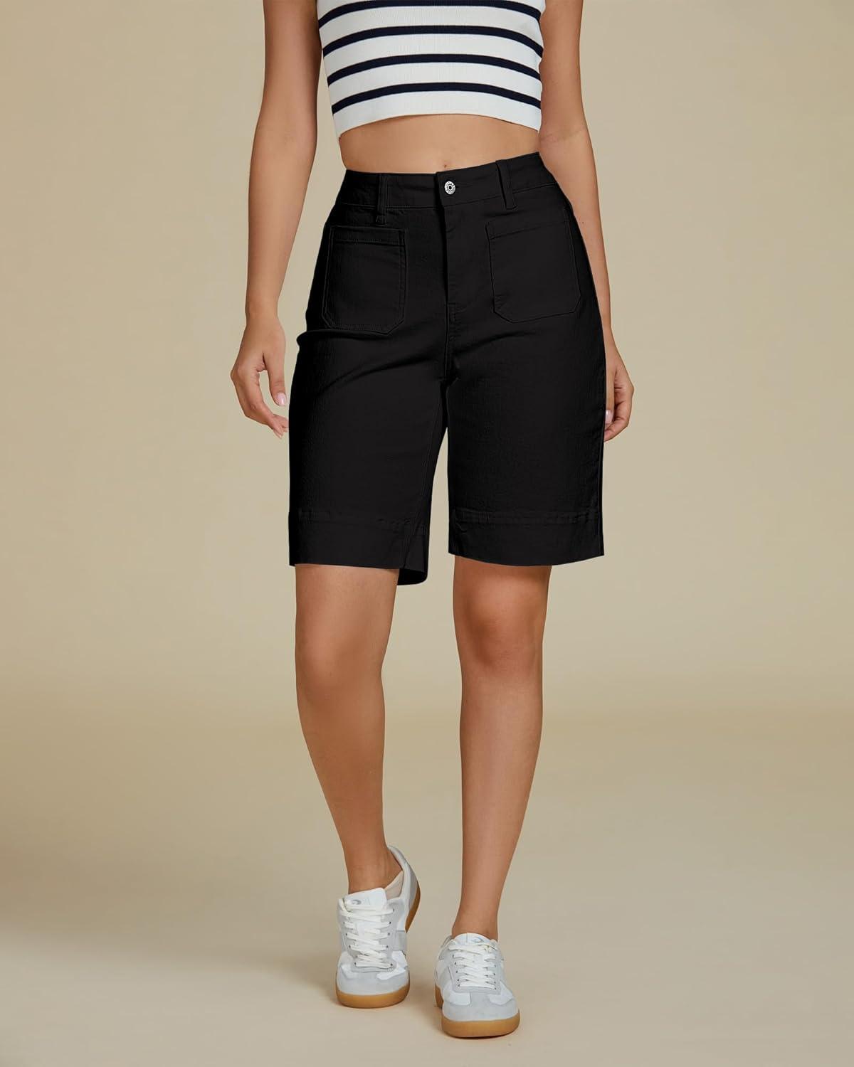 imageluvamia Bermuda Shorts for Women High Waisted Trendy Patch Pocket Casual Vintage Long Stretchy Denim Shorts Summer JortsBlack