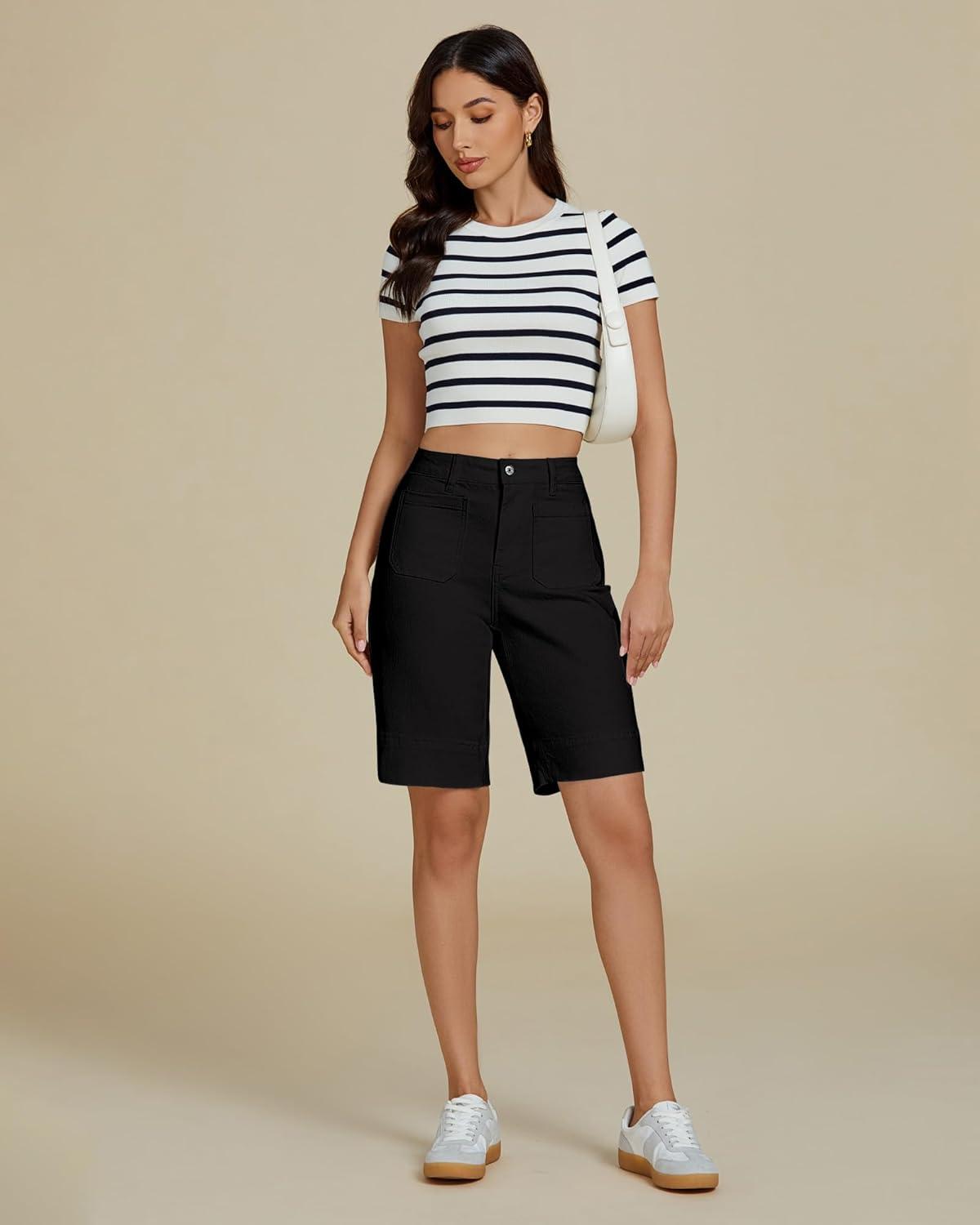 imageluvamia Bermuda Shorts for Women High Waisted Trendy Patch Pocket Casual Vintage Long Stretchy Denim Shorts Summer JortsBlack