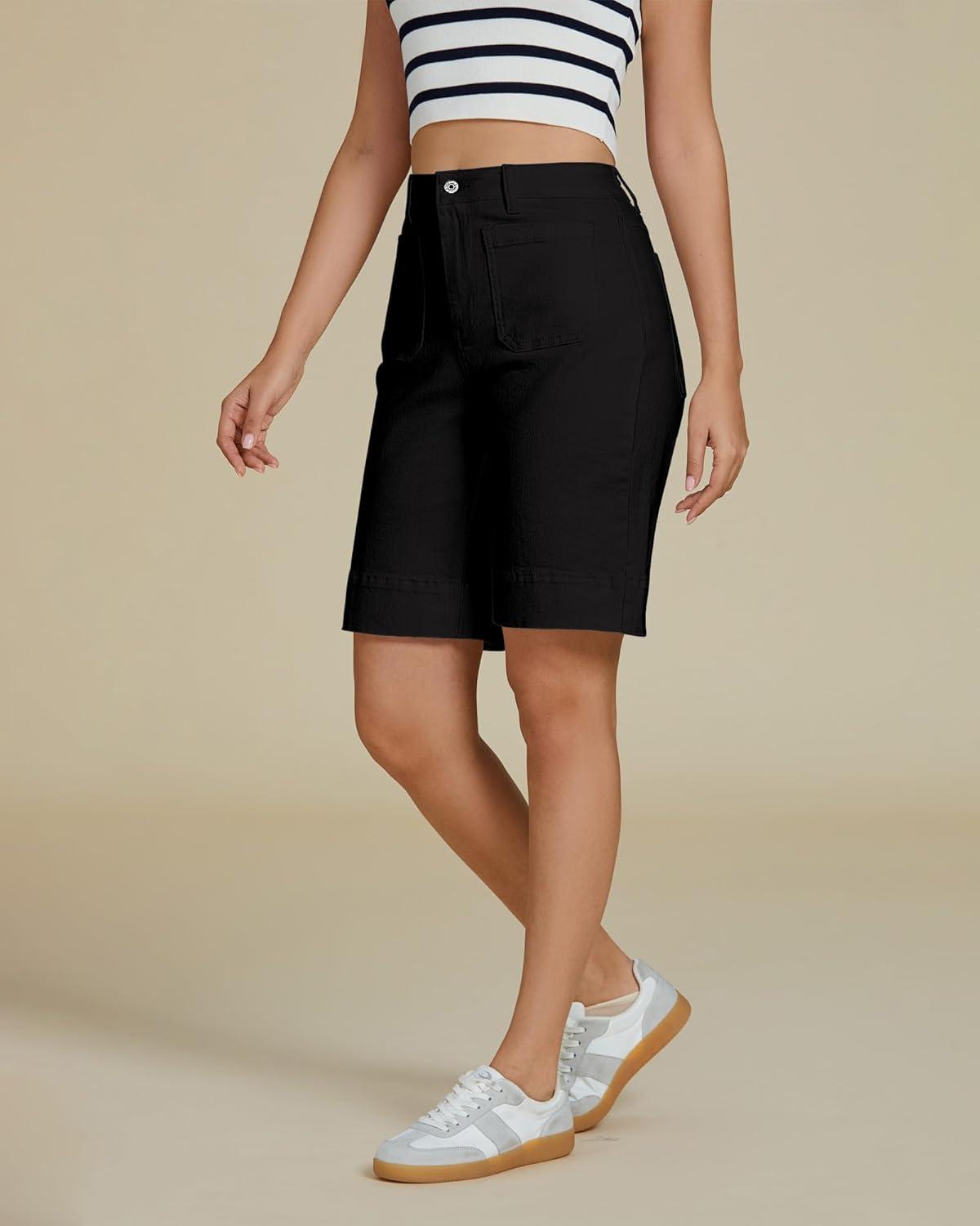 imageluvamia Bermuda Shorts for Women High Waisted Trendy Patch Pocket Casual Vintage Long Stretchy Denim Shorts Summer JortsBlack