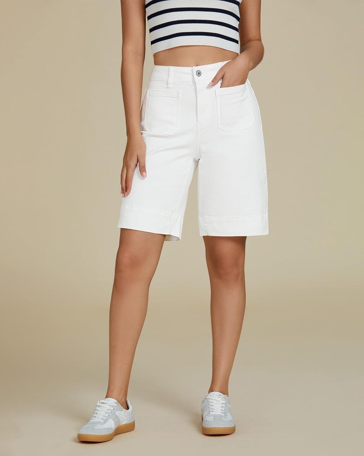 imageluvamia Bermuda Shorts for Women High Waisted Trendy Patch Pocket Casual Vintage Long Stretchy Denim Shorts Summer JortsCream White