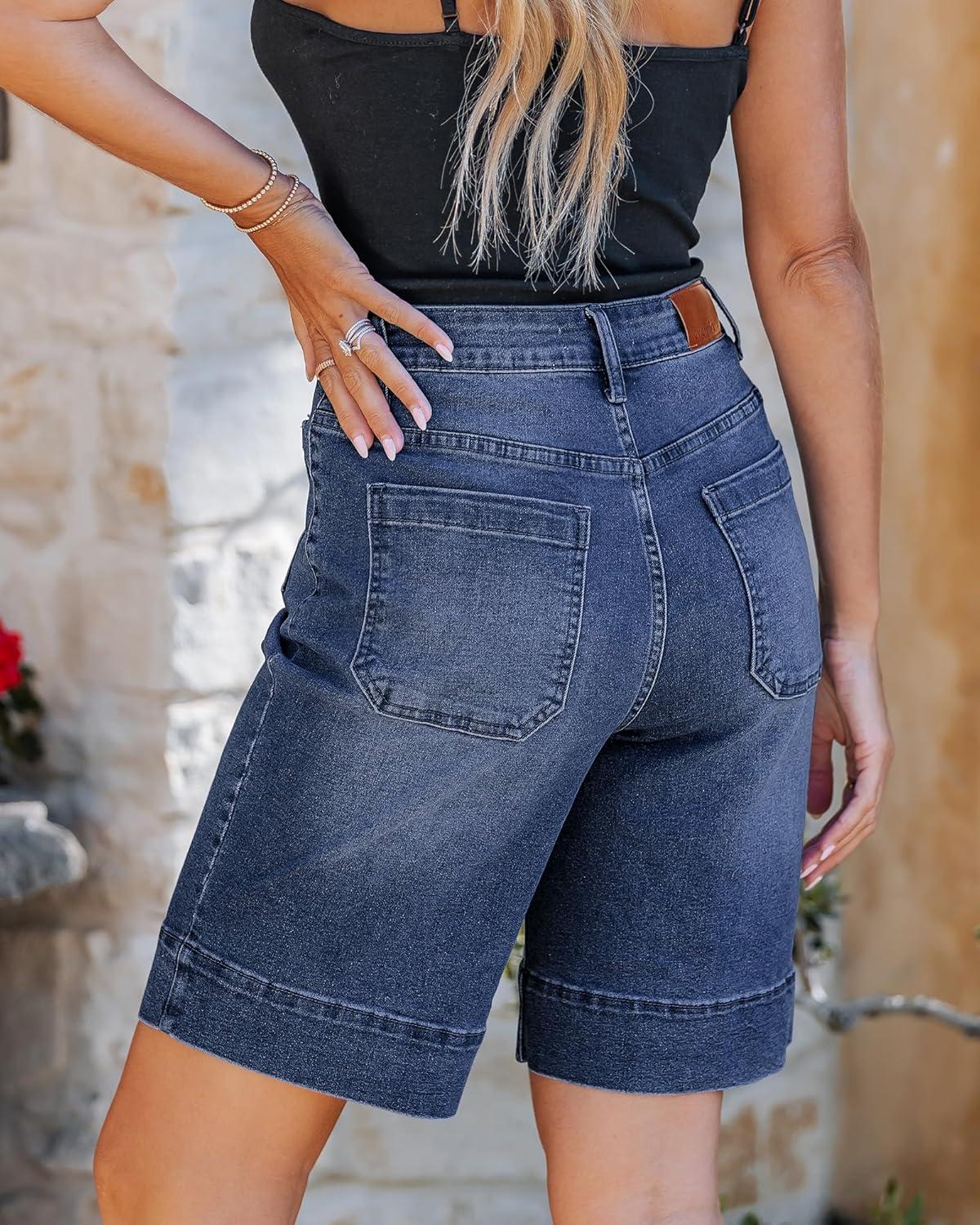 imageluvamia Bermuda Shorts for Women High Waisted Trendy Patch Pocket Casual Vintage Long Stretchy Denim Shorts Summer JortsDarkness Blue