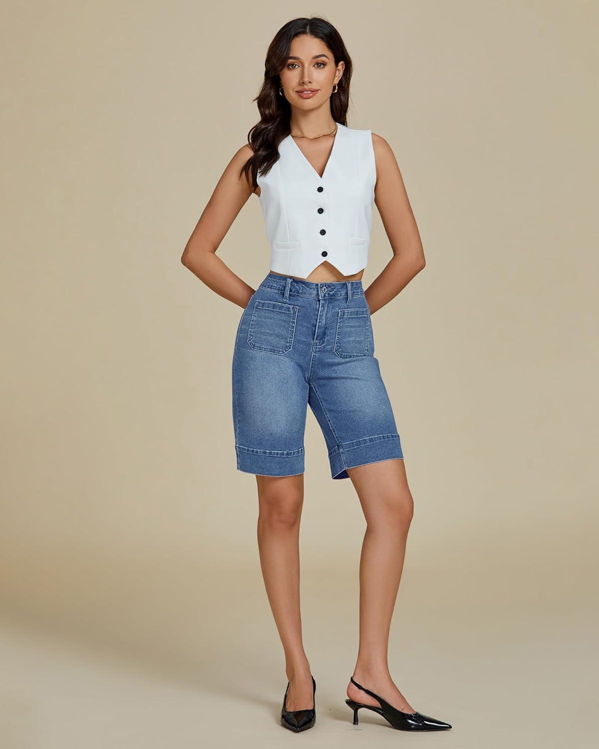 imageluvamia Bermuda Shorts for Women High Waisted Trendy Patch Pocket Casual Vintage Long Stretchy Denim Shorts Summer JortsMedium Blue