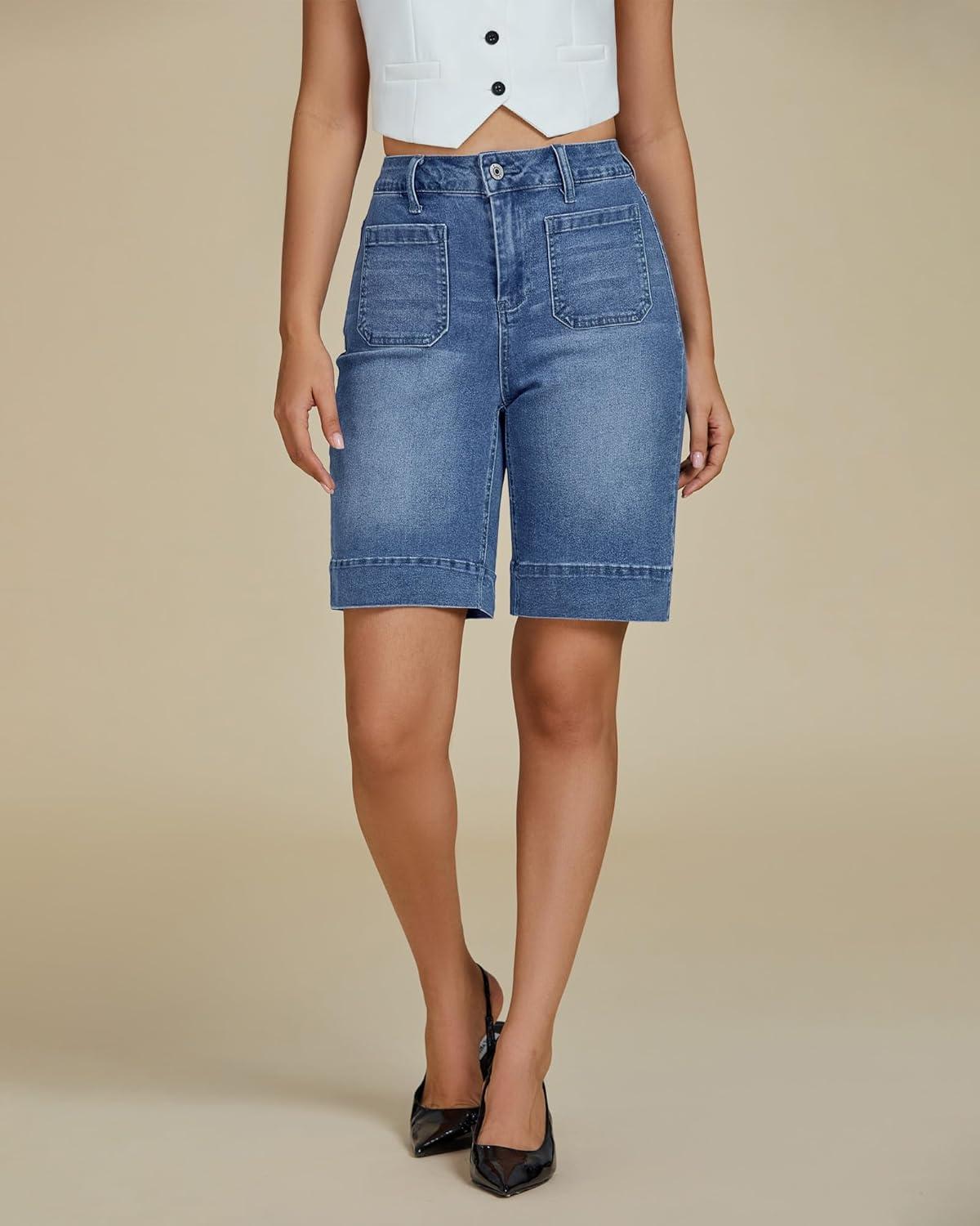 imageluvamia Bermuda Shorts for Women High Waisted Trendy Patch Pocket Casual Vintage Long Stretchy Denim Shorts Summer JortsMedium Blue