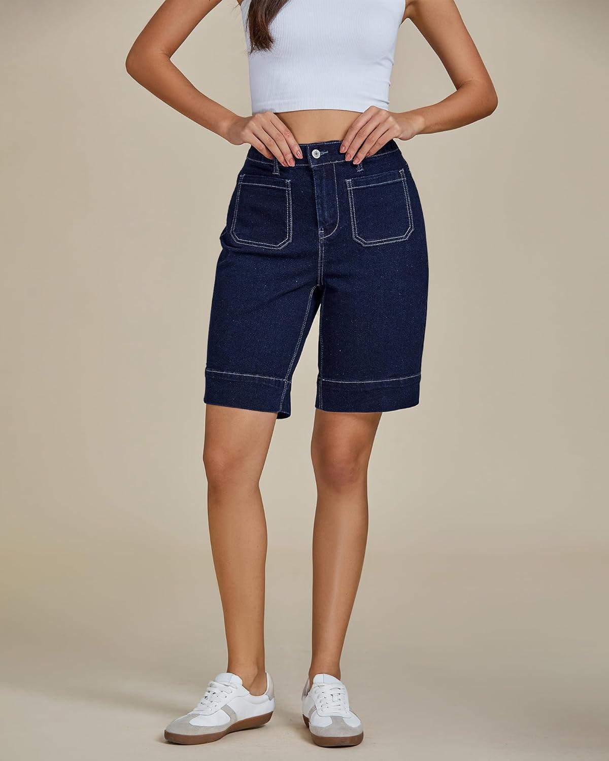 imageluvamia Bermuda Shorts for Women High Waisted Trendy Patch Pocket Casual Vintage Long Stretchy Denim Shorts Summer JortsNightfall Blue