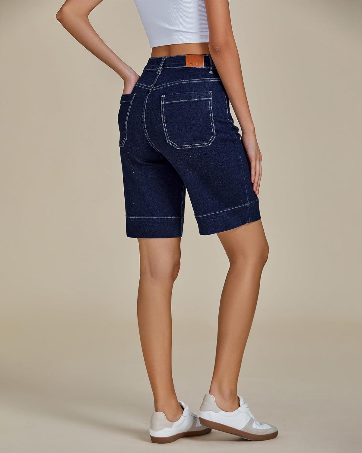 imageluvamia Bermuda Shorts for Women High Waisted Trendy Patch Pocket Casual Vintage Long Stretchy Denim Shorts Summer JortsNightfall Blue