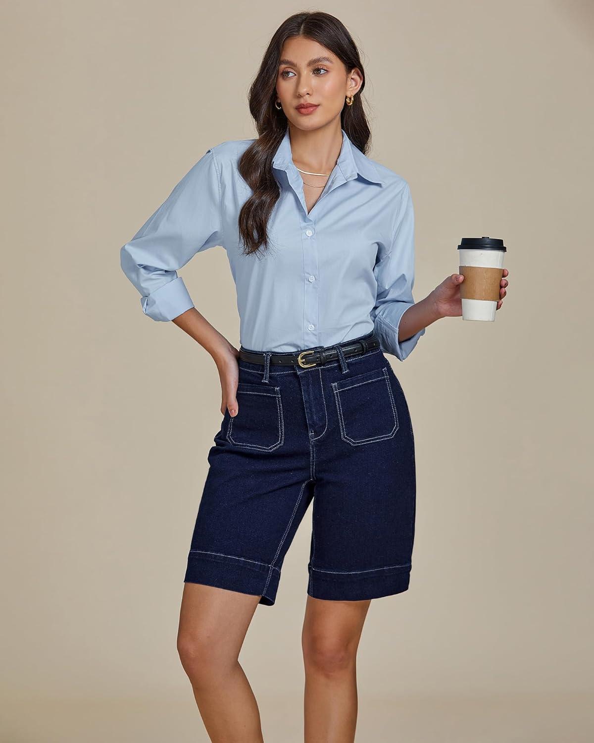 imageluvamia Bermuda Shorts for Women High Waisted Trendy Patch Pocket Casual Vintage Long Stretchy Denim Shorts Summer JortsNightfall Blue