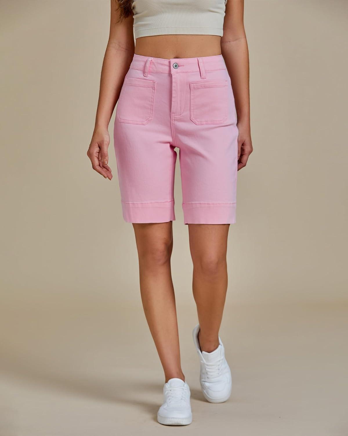 imageluvamia Bermuda Shorts for Women High Waisted Trendy Patch Pocket Casual Vintage Long Stretchy Denim Shorts Summer JortsPink