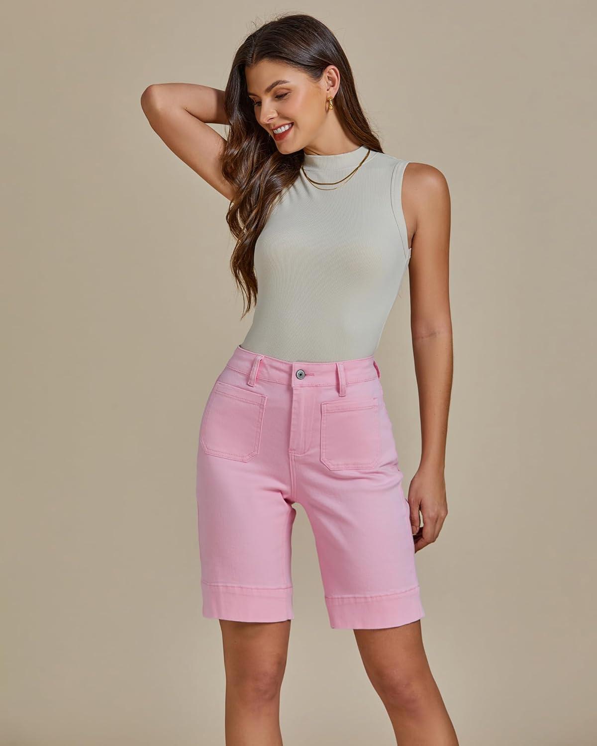 imageluvamia Bermuda Shorts for Women High Waisted Trendy Patch Pocket Casual Vintage Long Stretchy Denim Shorts Summer JortsPink