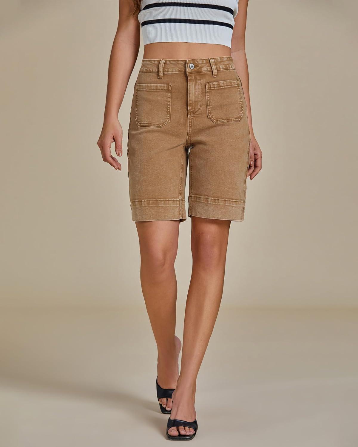 imageluvamia Bermuda Shorts for Women High Waisted Trendy Patch Pocket Casual Vintage Long Stretchy Denim Shorts Summer JortsToffee Brown