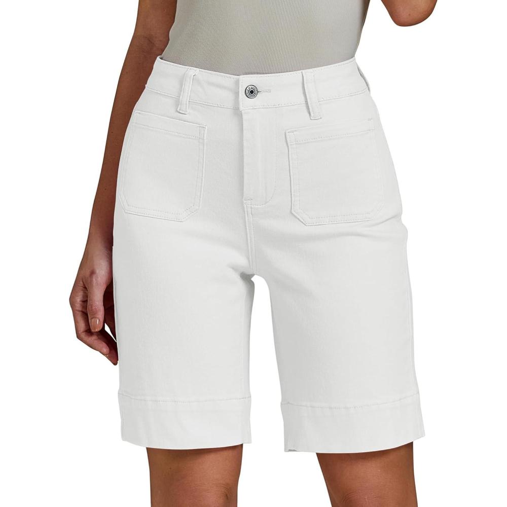 imageluvamia Bermuda Shorts for Women High Waisted Trendy Patch Pocket Casual Vintage Long Stretchy Denim Shorts Summer JortsCream White