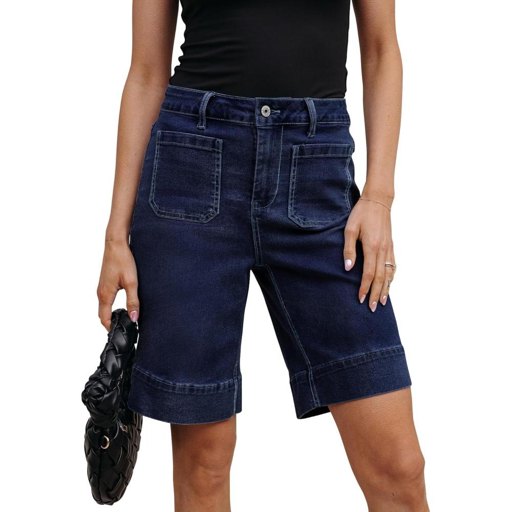 imageluvamia Bermuda Shorts for Women High Waisted Trendy Patch Pocket Casual Vintage Long Stretchy Denim Shorts Summer JortsNightfall Blue
