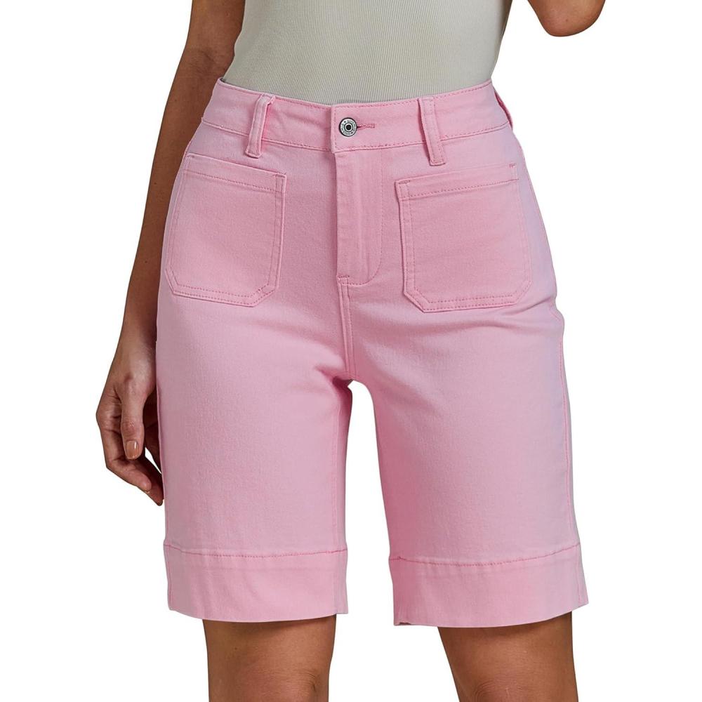 imageluvamia Bermuda Shorts for Women High Waisted Trendy Patch Pocket Casual Vintage Long Stretchy Denim Shorts Summer JortsPink