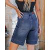 imageluvamia Bermuda Shorts for Women High Waisted Trendy Patch Pocket Casual Vintage Long Stretchy Denim Shorts Summer JortsDarkness Blue