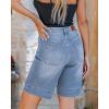 imageluvamia Bermuda Shorts for Women High Waisted Trendy Patch Pocket Casual Vintage Long Stretchy Denim Shorts Summer JortsLakeside Blue