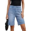 imageluvamia Bermuda Shorts for Women High Waisted Trendy Patch Pocket Casual Vintage Long Stretchy Denim Shorts Summer JortsLakeside Blue