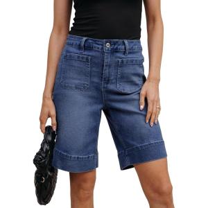 imageluvamia Bermuda Shorts for Women High Waisted Trendy Patch Pocket Casual Vintage Long Stretchy Denim Shorts Summer JortsDarkness Blue