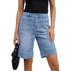 imageluvamia Bermuda Shorts for Women High Waisted Trendy Patch Pocket Casual Vintage Long Stretchy Denim Shorts Summer JortsLakeside Blue