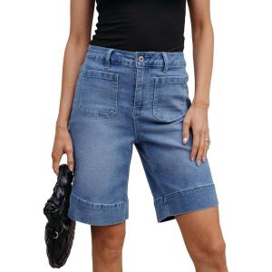 imageluvamia Bermuda Shorts for Women High Waisted Trendy Patch Pocket Casual Vintage Long Stretchy Denim Shorts Summer JortsMedium Blue