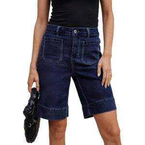 imageluvamia Bermuda Shorts for Women High Waisted Trendy Patch Pocket Casual Vintage Long Stretchy Denim Shorts Summer JortsNightfall Blue