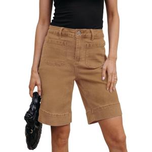 imageluvamia Bermuda Shorts for Women High Waisted Trendy Patch Pocket Casual Vintage Long Stretchy Denim Shorts Summer JortsToffee Brown