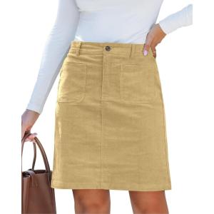 imageluvamia Corduroy Skirts for Women High Waisted Trendy Fall Elastic Waist Casual Stretchy Short Skirts with Patch PocketsAlmond
