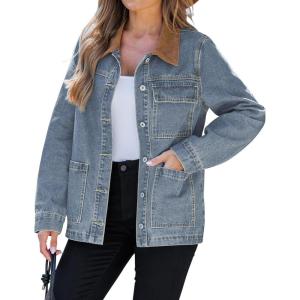 imageluvamia Jean Jacket Women Trendy Button Down Contrast Corduroy Collar Casual Loose Fit Denim Barn Jackets with PocketsAqua Blue