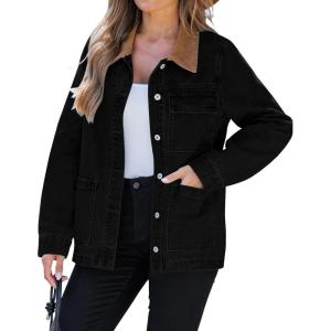 imageluvamia Jean Jacket Women Trendy Button Down Contrast Corduroy Collar Casual Loose Fit Denim Barn Jackets with PocketsBlack