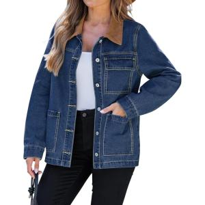 imageluvamia Jean Jacket Women Trendy Button Down Contrast Corduroy Collar Casual Loose Fit Denim Barn Jackets with PocketsClassic Blue