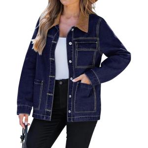 imageluvamia Jean Jacket Women Trendy Button Down Contrast Corduroy Collar Casual Loose Fit Denim Barn Jackets with PocketsNightfall Blue