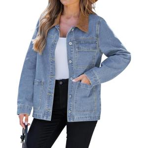 imageluvamia Jean Jacket Women Trendy Button Down Contrast Corduroy Collar Casual Loose Fit Denim Barn Jackets with PocketsRoadknight Blue