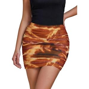 imageluvamia Mini Skirts for Women Mesh Trendy Printed High Waisted Bodycon Elastic Waist Ruched Stretchy Party Short SkirtAbsract Earth Tone