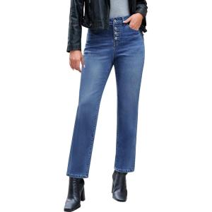 imageluvamia Straight Leg Jeans for Women High Waisted Trendy Button Fly Trouser Jeans Stretchy Denim Pants with PocketsClassic Blue