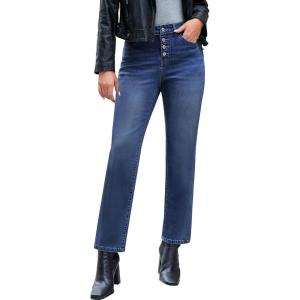 imageluvamia Straight Leg Jeans for Women High Waisted Trendy Button Fly Trouser Jeans Stretchy Denim Pants with PocketsDarkness Blue