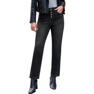 imageluvamia Straight Leg Jeans for Women High Waisted Trendy Button Fly Trouser Jeans Stretchy Denim Pants with PocketsWashed Black