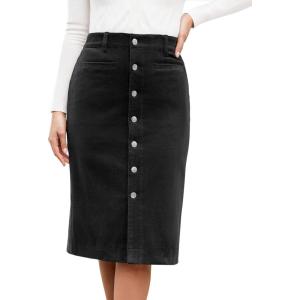 imageluvamia Corduroy Skirts for Women Midi Length High Waisted Button Down Trendy Stretchy Fall Elastic Waist Casual SkirtBlack