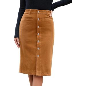 imageluvamia Corduroy Skirts for Women Midi Length High Waisted Button Down Trendy Stretchy Fall Elastic Waist Casual SkirtCamel