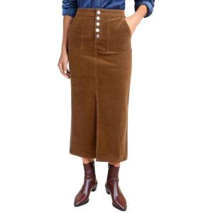 imageluvamia Corduroy Skirts for Women Midi Length High Waisted Button Fly Fall Casual Elastic Waist Long Skirt with SlitBrown